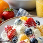 Erdbeer-Bananen-Fruchtsalat mit Käsekuchenfüllung auf einem weißen Teller