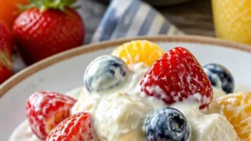 Erdbeer-Bananen-Fruchtsalat mit Käsekuchenfüllung auf einem weißen Teller
