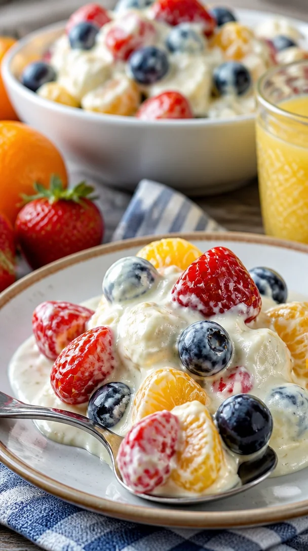 Erdbeer-Bananen-Fruchtsalat mit Käsekuchenfüllung auf einem weißen Teller