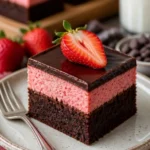 Saftige Erdbeer-Brownies auf einem Teller, verziert mit frischen Erdbeeren.
