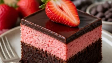 Saftige Erdbeer-Brownies auf einem Teller, verziert mit frischen Erdbeeren.