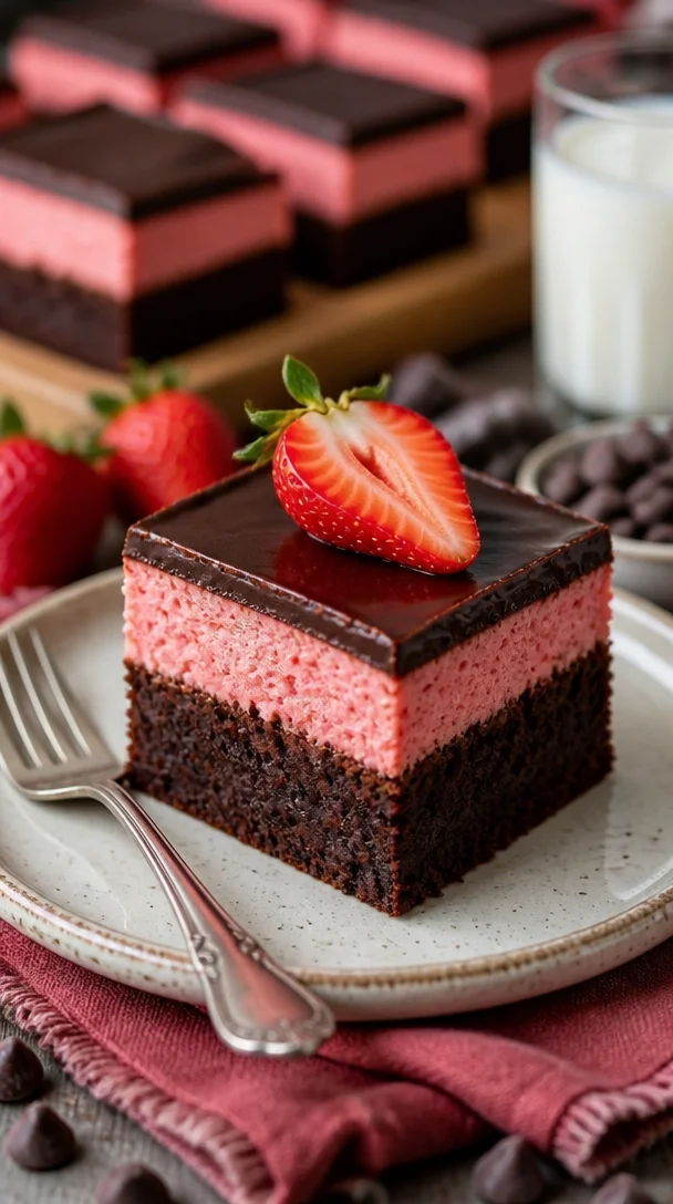 Saftige Erdbeer-Brownies auf einem Teller, verziert mit frischen Erdbeeren.