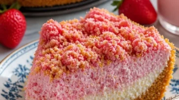 Erdbeer-Crunch-Cheesecake mit frischen Erdbeeren und knusprigem Topping