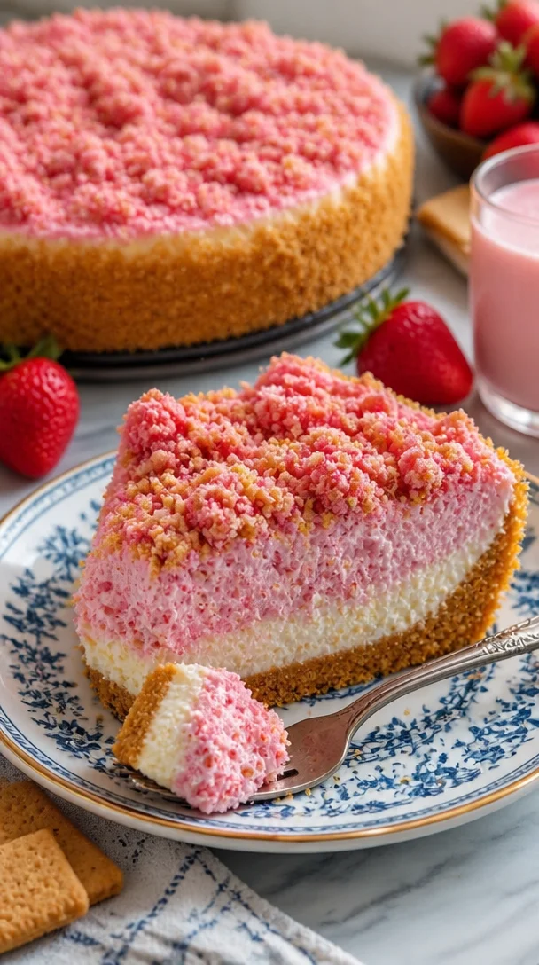 Erdbeer-Crunch-Cheesecake mit frischen Erdbeeren und knusprigem Topping