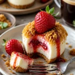 Erdbeer Crunch Cheesecake Bites auf einem Teller mit frischen Erdbeeren