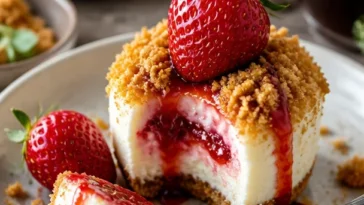Erdbeer Crunch Cheesecake Bites auf einem Teller mit frischen Erdbeeren