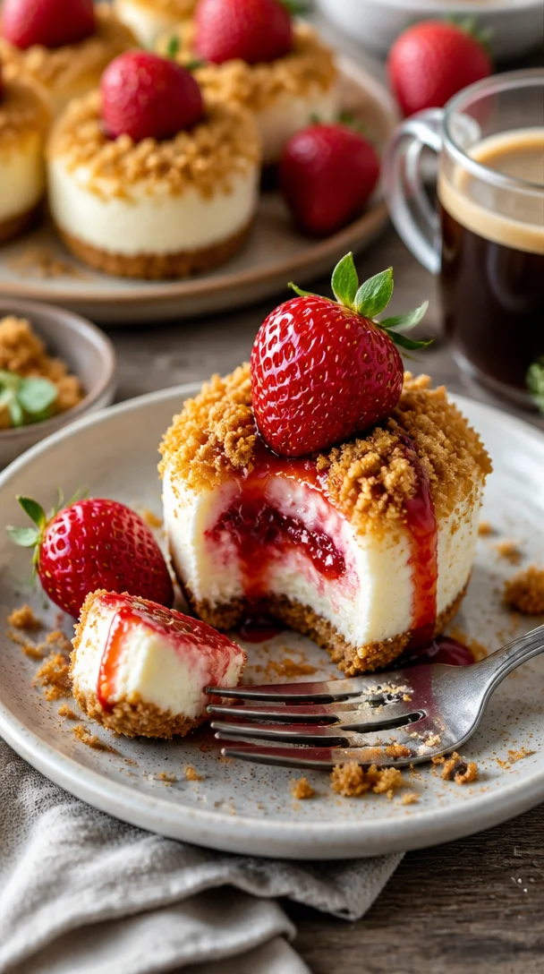 Erdbeer Crunch Cheesecake Bites auf einem Teller mit frischen Erdbeeren