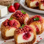Erdbeer-Crunch-Cheesecake-Häppchen auf einem weißen Teller