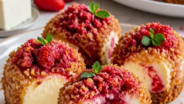 Erdbeer-Crunch-Cheesecake-Häppchen auf einem weißen Teller