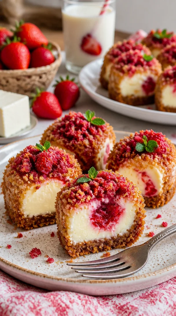 Erdbeer-Crunch-Cheesecake-Häppchen auf einem weißen Teller