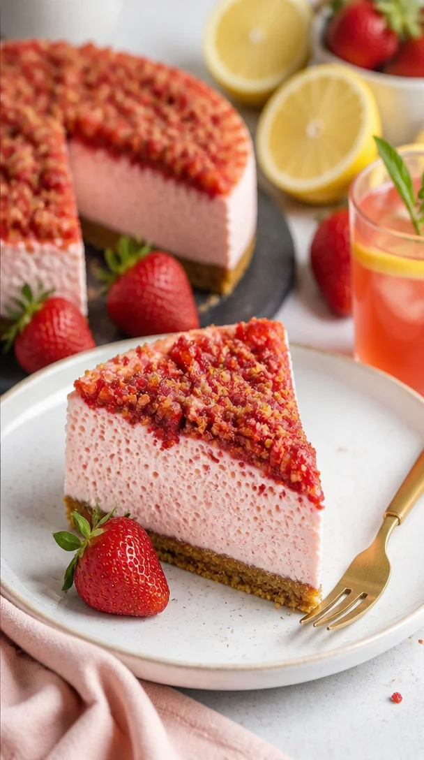 Erdbeer-Crunch-Käsekuchen mit frischen Erdbeeren und knusprigem Boden