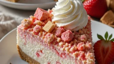 Erdbeer-Crunch-Käsekuchen mit frischen Erdbeeren und knusprigem Crunch