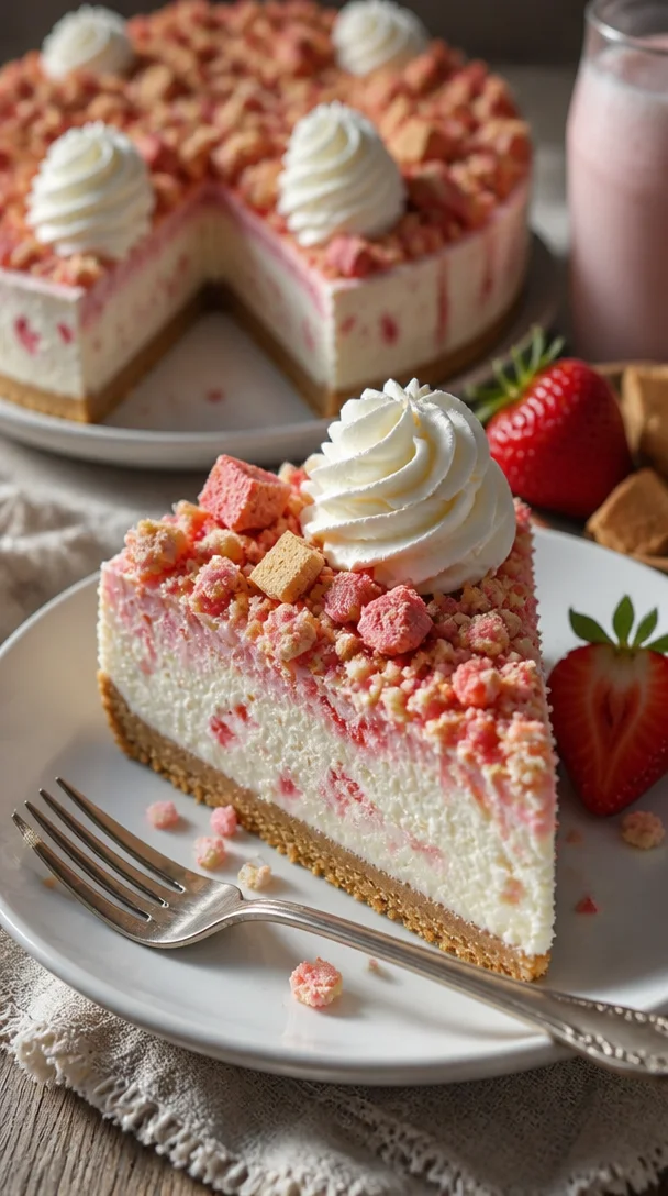 Erdbeer-Crunch-Käsekuchen mit frischen Erdbeeren und knusprigem Crunch
