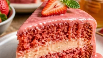 Leckerer Erdbeer-Honigkuchen auf einem Tisch serviert