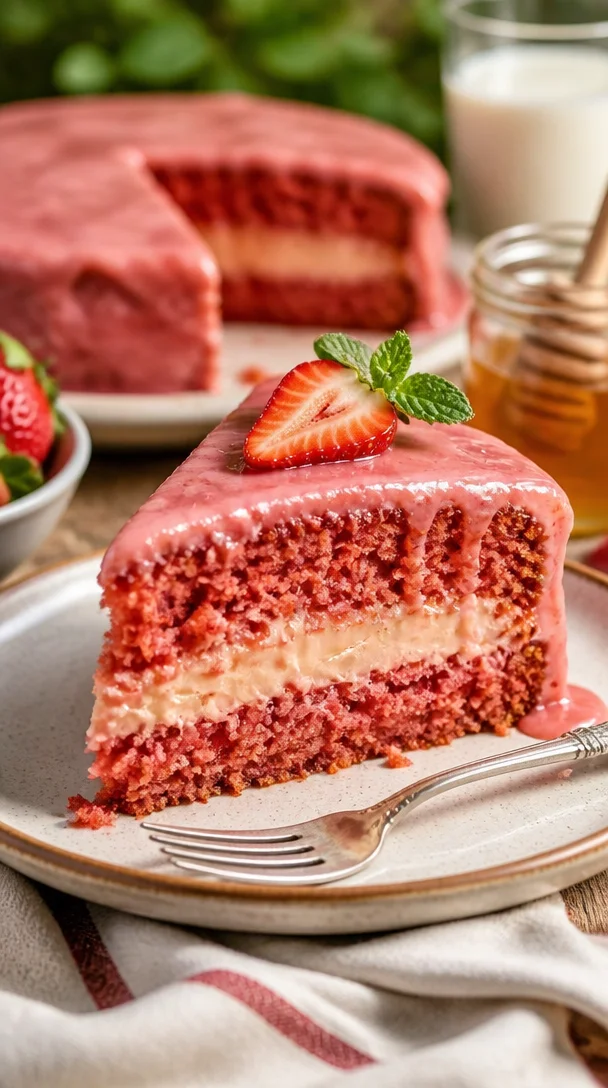 Leckerer Erdbeer-Honigkuchen auf einem Tisch serviert