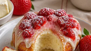 Erdbeer-Käsekuchen-Donuts auf einem Teller, dekoriert mit Erdbeeren