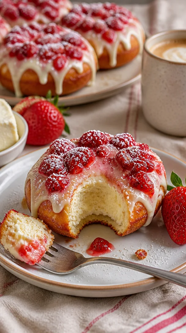 Erdbeer-Käsekuchen-Donuts auf einem Teller, dekoriert mit Erdbeeren