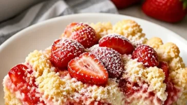 Erdbeer-Käsekuchen-Überlaufkuchen mit frischen Erdbeeren und reichhaltiger Käsemasse
