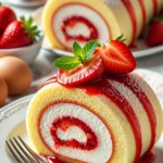 Erdbeer-Käsekuchenrolle auf einem Teller, lecker und dekorativ angerichtet.