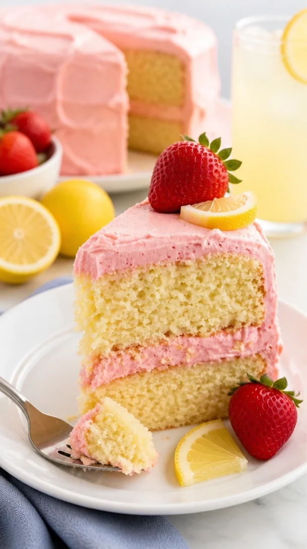 Erdbeer-Limonade-Kuchen mit frischen Erdbeeren und Limonade auf einem Teller