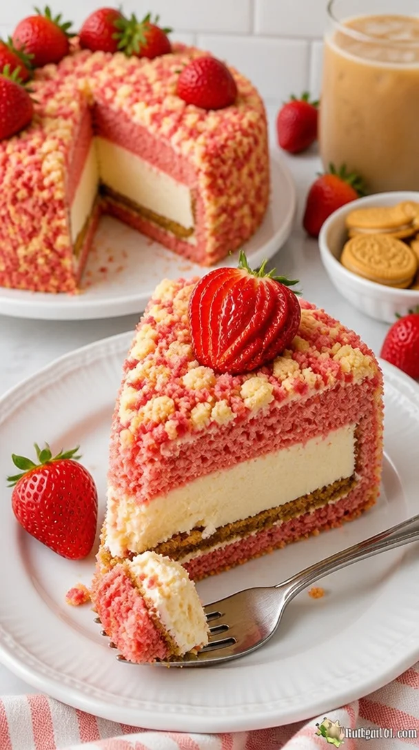 Erdbeer-Shortcake-Eiscreme-Kuchen mit knuspriger Crunch-Schicht
