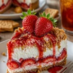 Ein verlockender Erdbeeren-Crunch-Käsekuchen mit frischen Erdbeeren und knusprigem Topping.