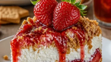 Ein verlockender Erdbeeren-Crunch-Käsekuchen mit frischen Erdbeeren und knusprigem Topping.