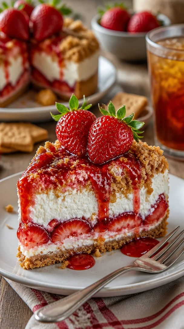 Ein verlockender Erdbeeren-Crunch-Käsekuchen mit frischen Erdbeeren und knusprigem Topping.