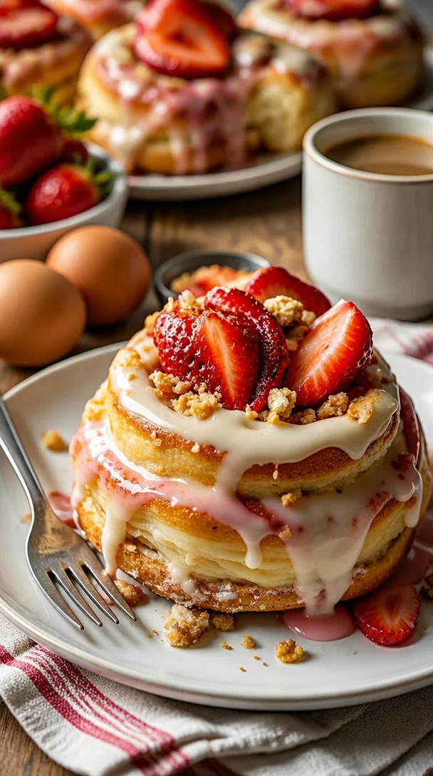 Leckere Erdbeerkäsekuchen Cinnabon Rollen auf einem Dessertteller