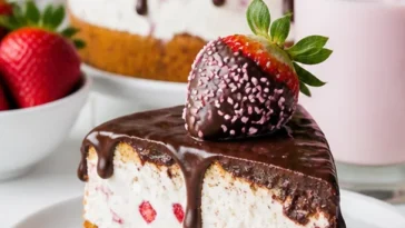 Erdbeertorte mit Schokolade, verziert mit frischen Erdbeeren und Schokoladenganache