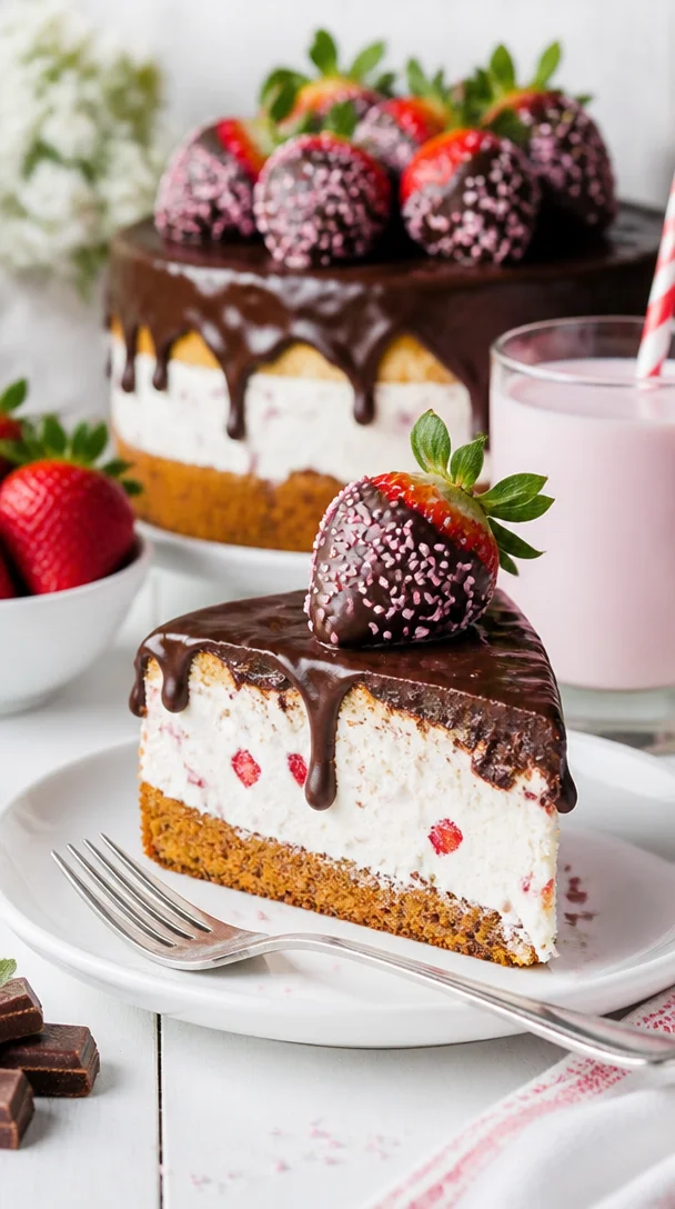Erdbeertorte mit Schokolade, verziert mit frischen Erdbeeren und Schokoladenganache
