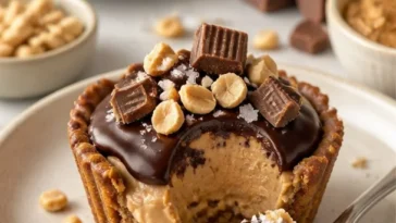 Erdnussbutter-Cheesecake-Pretzelbecher mit brezeliger Kruste und Erdnussbutterfüllung