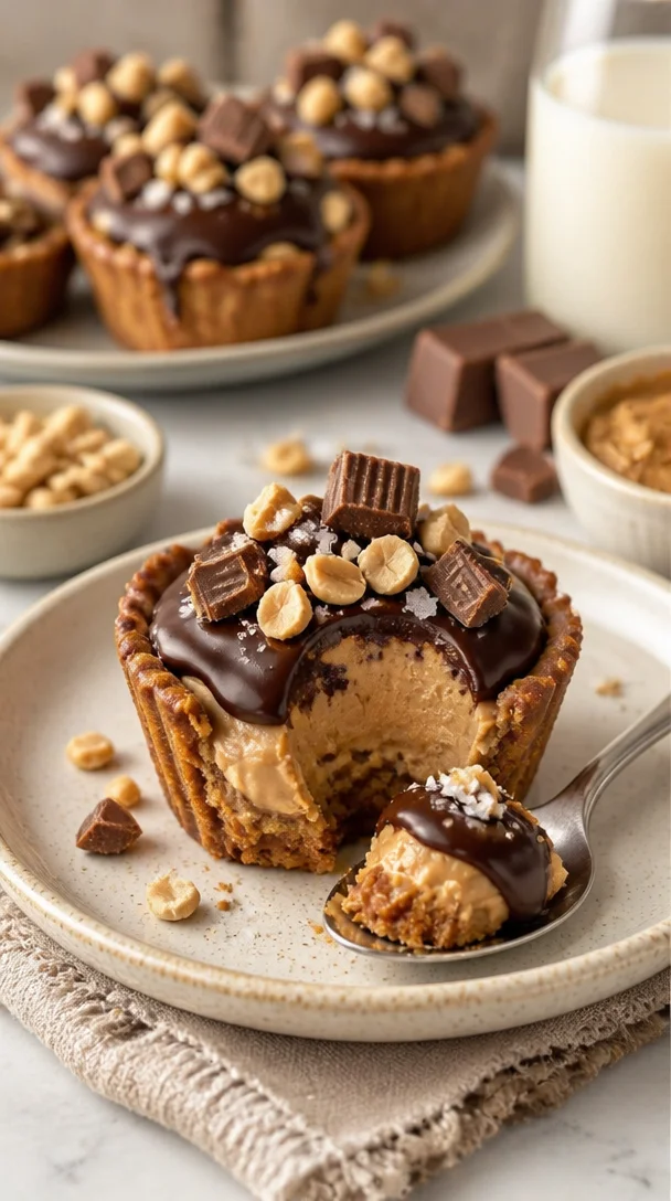 Erdnussbutter-Cheesecake-Pretzelbecher mit brezeliger Kruste und Erdnussbutterfüllung