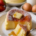 Fluffige japanische Soufflé-Pfannkuchen auf einem Teller serviert.