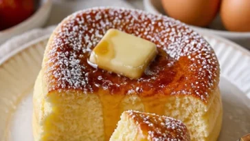Fluffige japanische Soufflé-Pfannkuchen auf einem Teller serviert.