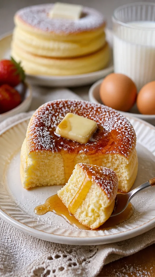 Fluffige japanische Soufflé-Pfannkuchen auf einem Teller serviert.