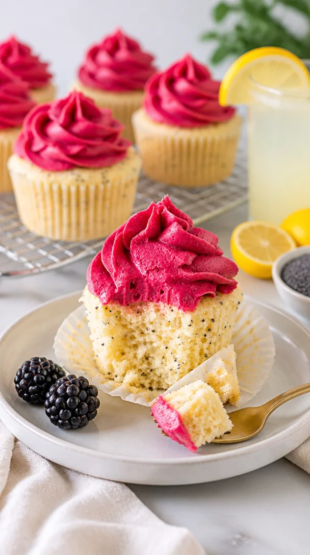 Fluffige Zitronen-Mohn-Cupcakes mit aromatischem Brombeer-Überzug auf einem Teller.