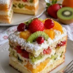 Frischer Obst-Cream-Kuchen mit bunten Früchten und Sahne auf einem Teller