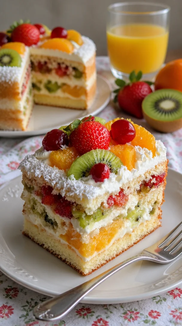 Frischer Obst-Cream-Kuchen mit bunten Früchten und Sahne auf einem Teller