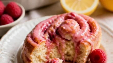 Fruchtige Zimtschnecken mit Zitrone und Himbeeren auf einem Teller
