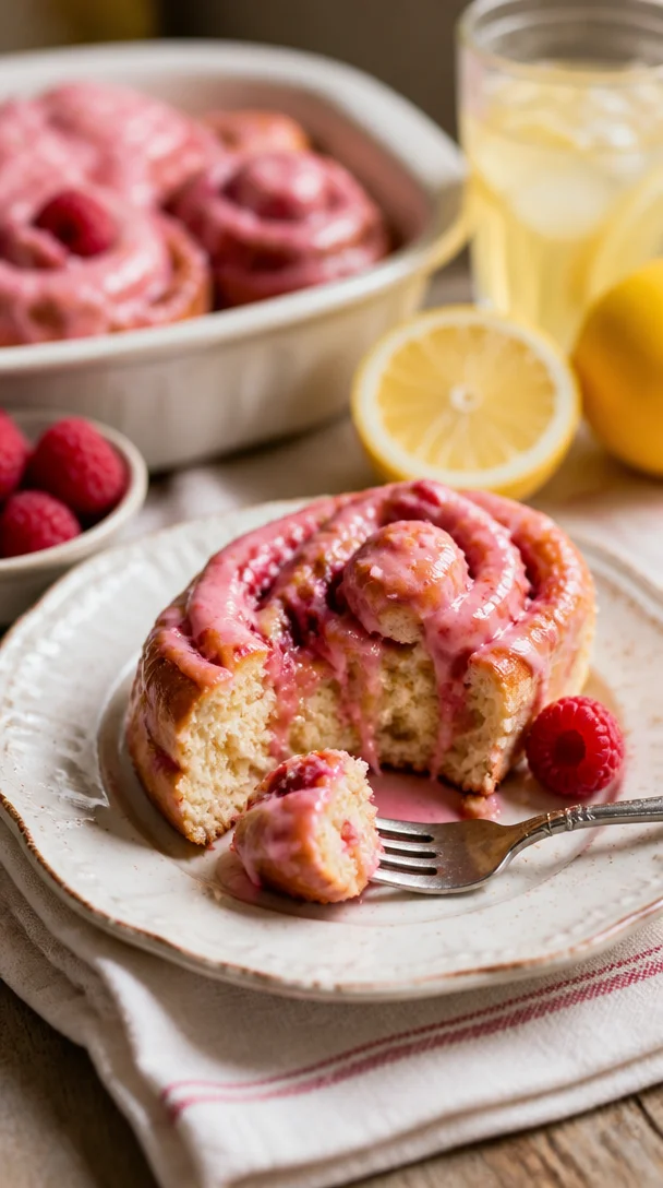 Fruchtige Zimtschnecken mit Zitrone und Himbeeren auf einem Teller
