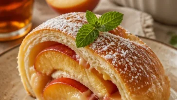Gebackene Pfirsichbrötchen frisch aus dem Ofen auf einem Teller