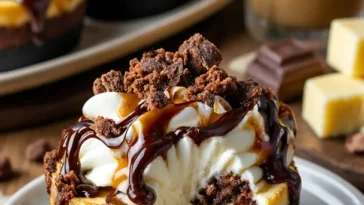 Gefüllte Brownie-Käsekuchen-Tasse, ein dekadenter Genuss aus Schokolade und Käsekuchen