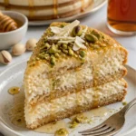 Gekühlter Keks-Kuchen mit Honigcreme und Pistazienfüllung auf einem Teller