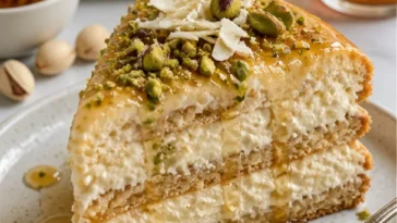 Gekühlter Keks-Kuchen mit Honigcreme und Pistazienfüllung auf einem Teller
