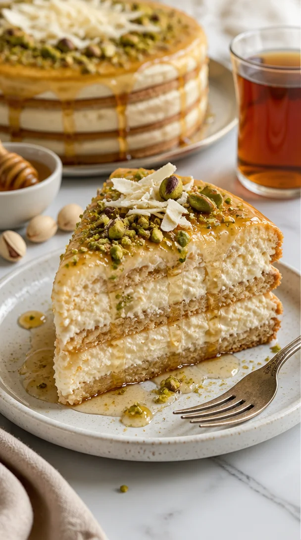 Gekühlter Keks-Kuchen mit Honigcreme und Pistazienfüllung auf einem Teller