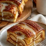 Gemütlicher Apfel-Kringle mit Vanilleglasur auf einem rustikalen Teller.