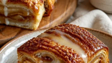 Gemütlicher Apfel-Kringle mit Vanilleglasur auf einem rustikalen Teller.