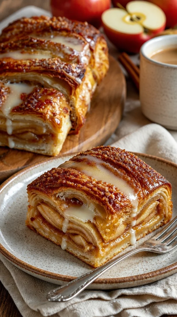 Gemütlicher Apfel-Kringle mit Vanilleglasur auf einem rustikalen Teller.