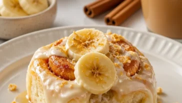 Leckere Bananenpudding-Rollen auf einem Teller serviert